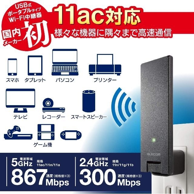 ELECOM(エレコム)の（新品・未開封）エレコム WiFi 無線LAN 中継器　WTC-1167US-B スマホ/家電/カメラのPC/タブレット(PC周辺機器)の商品写真