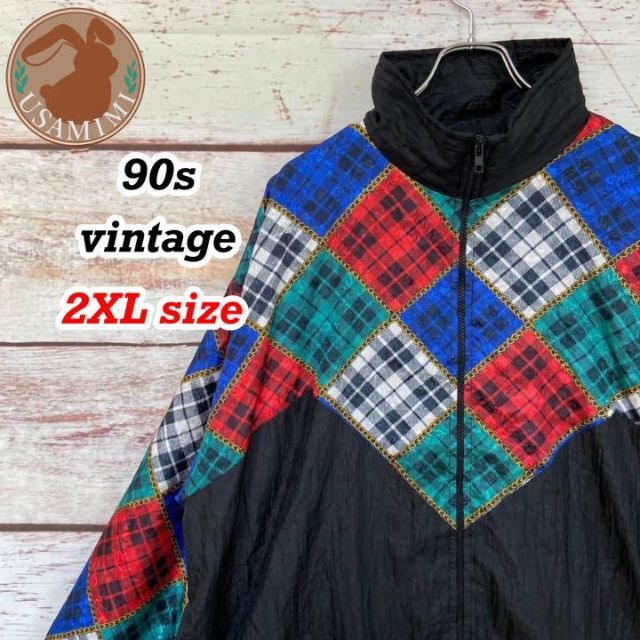 【一点物】90s ヴィンテージ ナイロンジャケット チェック スカーフ柄 2XL メンズのジャケット/アウター(ナイロンジャケット)の商品写真
