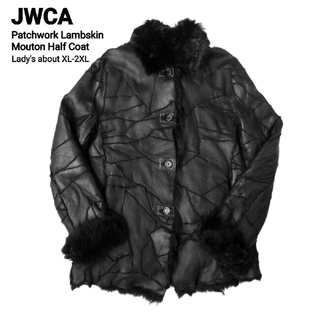 JWCA 最高級パッチワークラムスキンムートンハーフコート レディースLL-3Lブラックサイズ