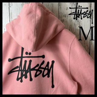 STUSSYパーカー ジップアップ 両面プリントロゴ ピンク M-