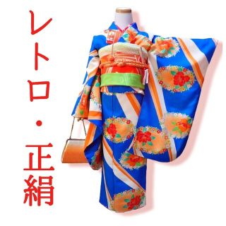 7歳　レトロ正絹青牡丹楕円花輪　七五三　お着物フルセット　アンティーク(和服/着物)