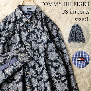 トミーヒルフィガー(TOMMY HILFIGER)の一点物US輸入★トミーヒルフィガー 長袖ボタンダウンシャツ 総柄 ネイビー(シャツ)