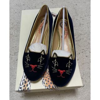 シャルロットオリンピア(Charlotte Olympia)のシャーロットオリンピアネイビーベロアフラットシューズ36(バレエシューズ)