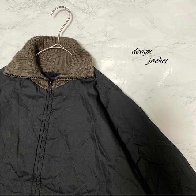 ジャケット　ブルゾン　異素材　総柄　バイカラー　　デザイン　黒　ハイネック