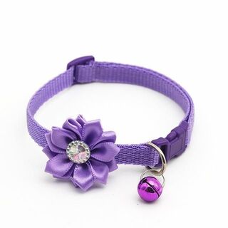 紫色　お花が可愛い猫用首輪、子犬用の首輪　鈴付き首輪　パープル(猫)