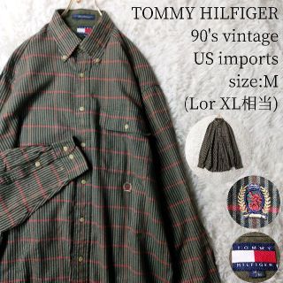 トミーヒルフィガー(TOMMY HILFIGER)の90s一点物US輸入★トミーヒルフィガー 長袖ボタンダウンシャツ カーキグリーン(シャツ)