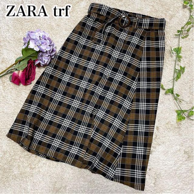 【大人気】ZARA trf ザラ チェック ロングスカート ダークブラウン XL