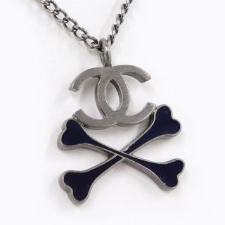 シャネル(CHANEL)のCHANEL ネックレス ココマーク クロス ボーン ブラック シルバー メッキ(ネックレス)