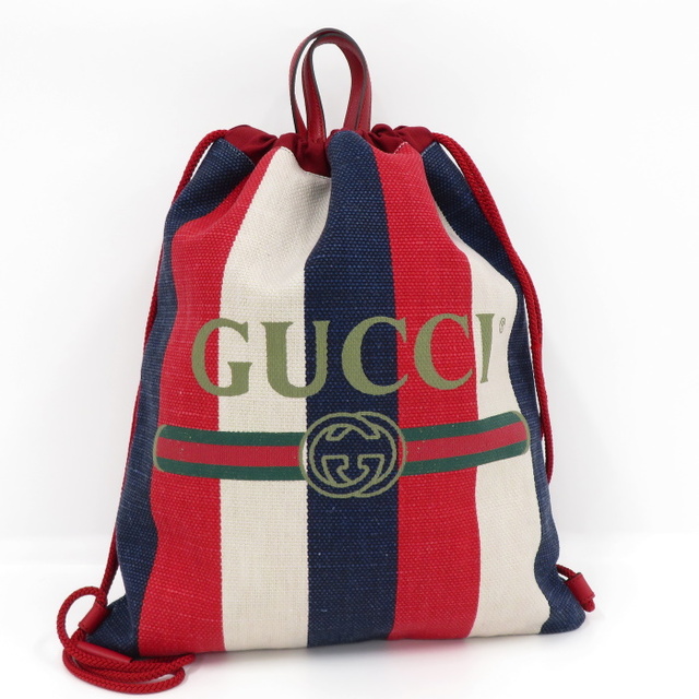 Gucci - GUCCI ドローストリング ストライプ リュックサック リネンキャンバス