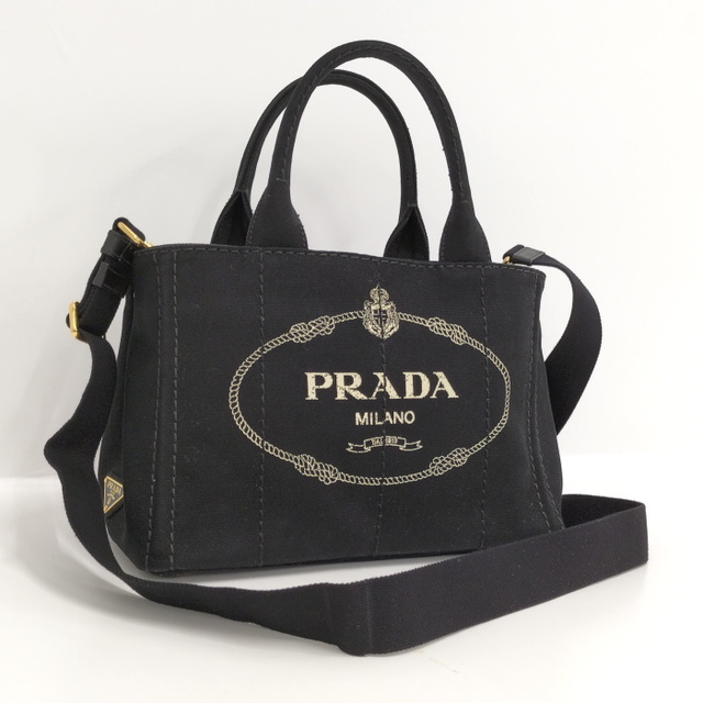 ブラック素材ラインPRADA カナパ 2WAY トートバッグ ハンドバッグ 手提げ デニム