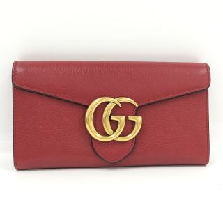 グッチ(Gucci)のGUCCI 二つ折り長財布 GGマーモント レザー レッド 400586(財布)