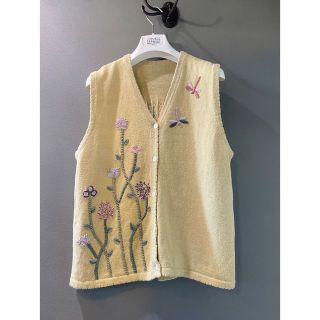 ビンテージ 80s 花柄 刺繍 シルク ニット ベスト カーディガン 希少 美品(ニット/セーター)