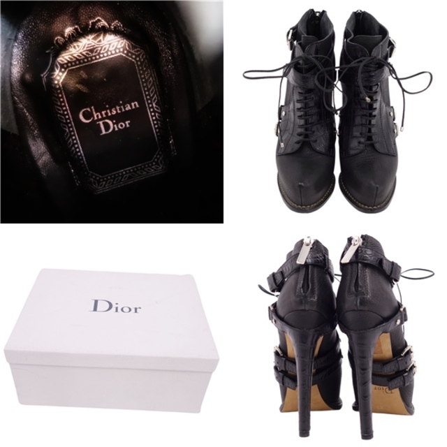 Christian Dior(クリスチャンディオール)の美品 クリスチャンディオール Christian Dior ブーツ クロコ型押し レースアップ ヒール シューズ 靴 レディース 37(24cm相当) ブラック レディースの靴/シューズ(ブーツ)の商品写真