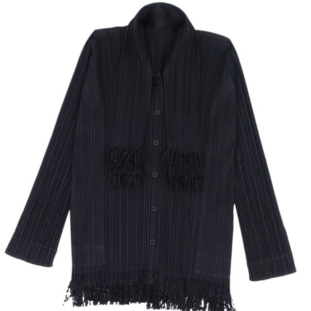 美品 プリーツプリーズ イッセイミヤケ PLEATS PLEASE ブラウス タイ付き フリンジ プリーツ シャツ レディース 3(L相当) ブラック | フリマアプリ ラクマ