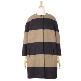 マックスマーラ(Max Mara)の美品 マックスマーラ Max Mara STUDIO コート ノーカラー ボーダー オーバーサイズ ウール レディース アウター IJ38 USA4 FB36(S相当) ブラウン/ブラック(その他)