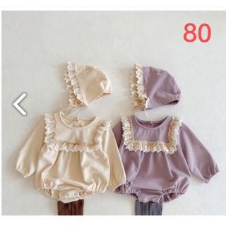 レース　ロンパース　女の子　帽子　セット　長袖　秋　冬　ベビー服　80(ロンパース)