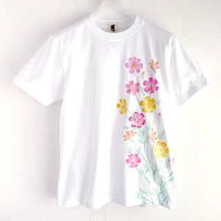 メンズ コスモス柄Tシャツ Sサイズ ホワイト 手描き ハンドメイド(Tシャツ/カットソー(半袖/袖なし))