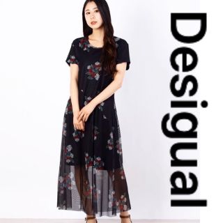 デシグアル(DESIGUAL)の デシグアル　ロングワンピース　黒　花柄　シースルー　半袖　(ロングワンピース/マキシワンピース)