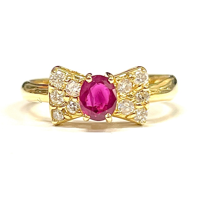 K18 RING Ruby Diamond Yellow Gold Ribbon