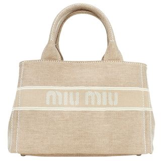 ミュウミュウ(miumiu)の新品 ミュウミュウ MIU MIU ハンドバッグ デニム ロゴ ライトブラウン(ハンドバッグ)