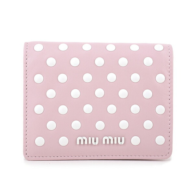 新品 ミュウミュウ MIU MIU 2つ折り財布 ドットスタッズ ピンク ホワイト