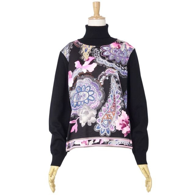 美品 レオナール LEONARD FASHION ニット セーター ハイネック ウール シルク 総柄 花柄 レディース トップス LL ブラック