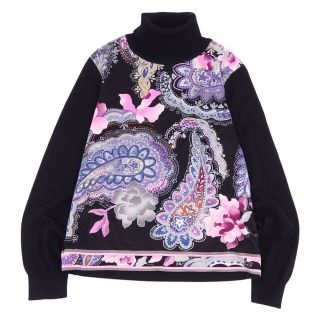 美品 レオナール LEONARD FASHION ニット セーター ハイネック ウール シルク 総柄 花柄 レディース トップス LL ブラック