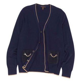 美品 ルイヴィトン LOUIS VUITTON ニット カーディガン ロングスリーブ シルク チェーン レザーポケット トップス メンズ M ネイビー/ベージュ