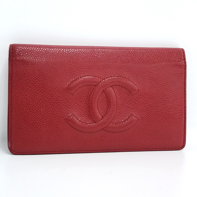 CHANEL 二つ折り長財布 ココマーク キャビアスキン レザー レッド 国内