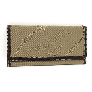プラダ(PRADA)のPRADA 二つ折り長財布 ロゴ キャンバス レザー ベージュ ブラウン(長財布)