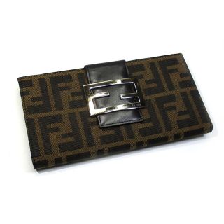 フェンディ(FENDI)のFENDI Wホック 二つ折り長財布 ズッカ キャンバス レザー ブラウン(財布)