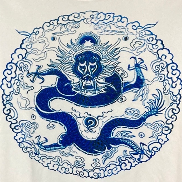メンズ Tシャツ 半袖 チャイナ 中国 ドラゴン ホワイト ブルー 総柄 和柄 1