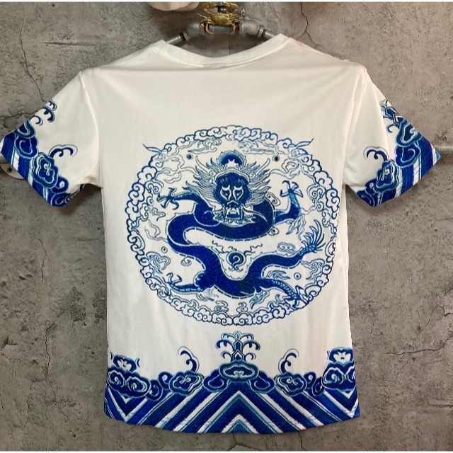 メンズ Tシャツ 半袖 チャイナ 中国 ドラゴン ホワイト ブルー 総柄 和柄