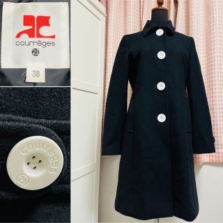 クレージュ(Courreges)の美品　クレージュ　コート　デカボタンデザイン　黒　ヴィンテージ(ニットコート)