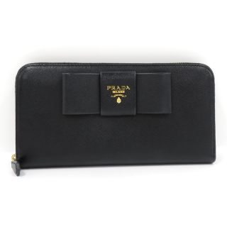 プラダ(PRADA)のPRADA ラウンドファスナー長財布 リボン サフィアーノレザー ブラック(財布)