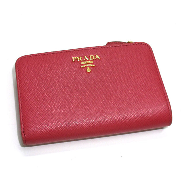 ピンク素材ラインPRADA 二つ折り コンパクト財布 サフィアーノ レザー ピンク 1ML225