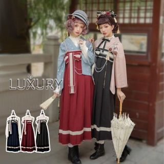 ロリータ服 NyaNya 和風 ロング丈ジャンパースカート プリーツ リボン S(ロングワンピース/マキシワンピース)