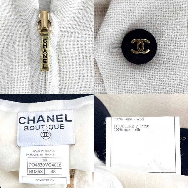 CHANEL シャネル ワンピース ココボタン ロゴ バイカラー 半袖 春夏 服 P95 1995年 ヴィンテージ 希少 レア  38 PO4830VO4016 アイボリー ブラック 黒 ゴールド金具    ウール レディース ギフト 美品【品】