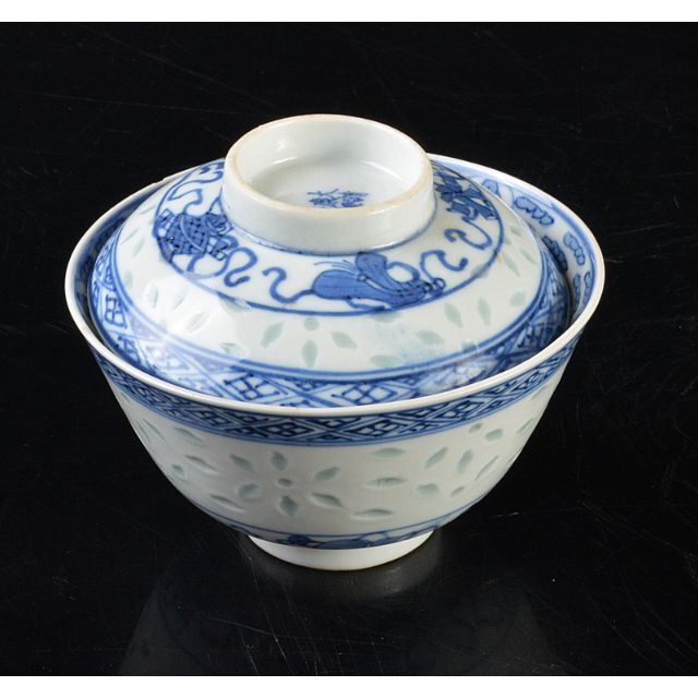 中国　大清康煕年製　青花蓮花文　透蛍手蓋茶碗　M　R5197