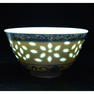 中国　大清康煕年製　青花蓮花文　透蛍手蓋茶碗　M　R5197