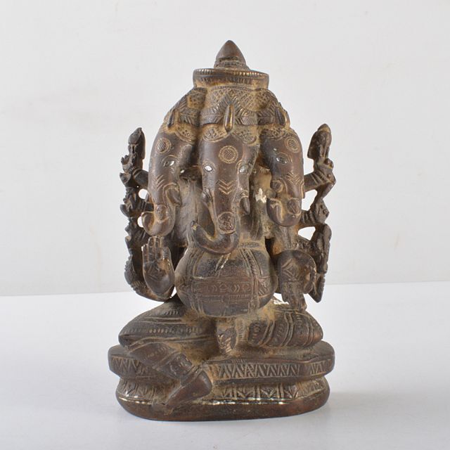 仏教美術　古銅　インド神　５面ガネーシャ象神　置物　M　R5207