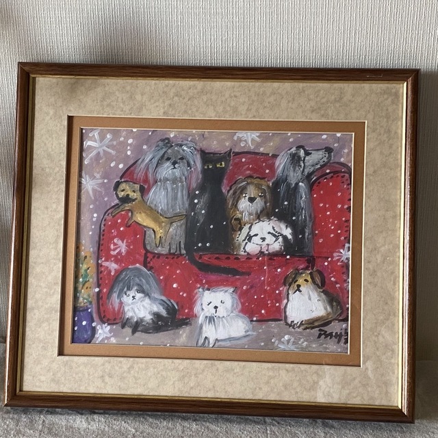 絵画。原画手描き【雪が降る冬、かわいい犬と猫の楽しい写真記念】美術品