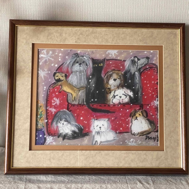 絵画。原画手描き【雪が降る冬、かわいい犬と猫の楽しい写真記念】美術品