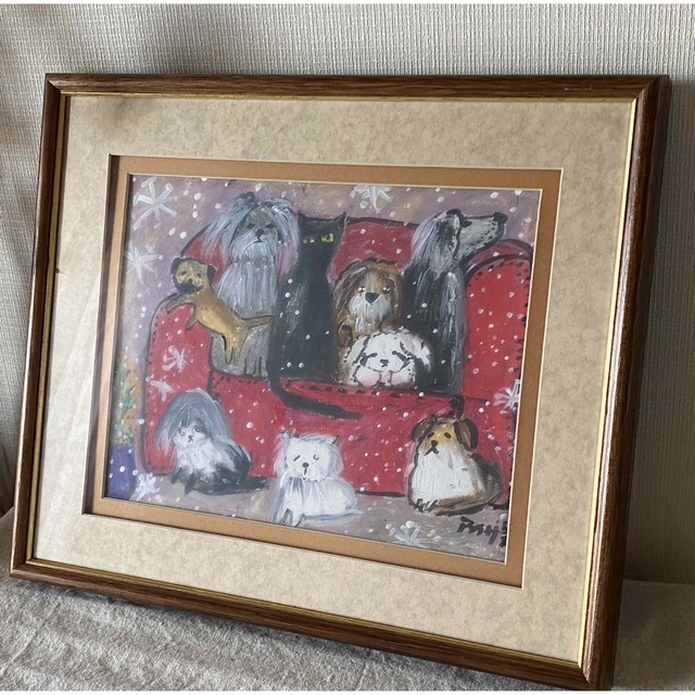 取寄商品 絵画。原画手描き【雪が降る冬、かわいい犬と猫の楽しい写真