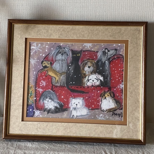 絵画。原画手描き【雪が降る冬、かわいい犬と猫の楽しい写真記念】美術品