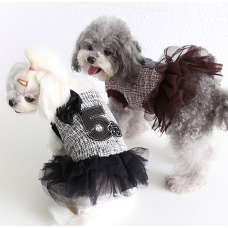 犬服ツイードチュールワンピースカメリアリボン各種サイズ　チワワ　トイプードル(ペット服/アクセサリー)