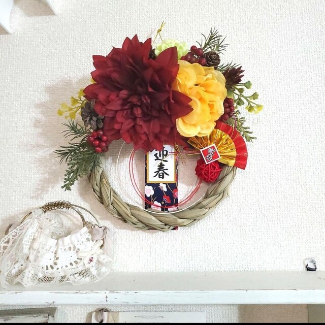 No.193 しめ縄リース フラワーリース お正月飾り 造花 玄関-