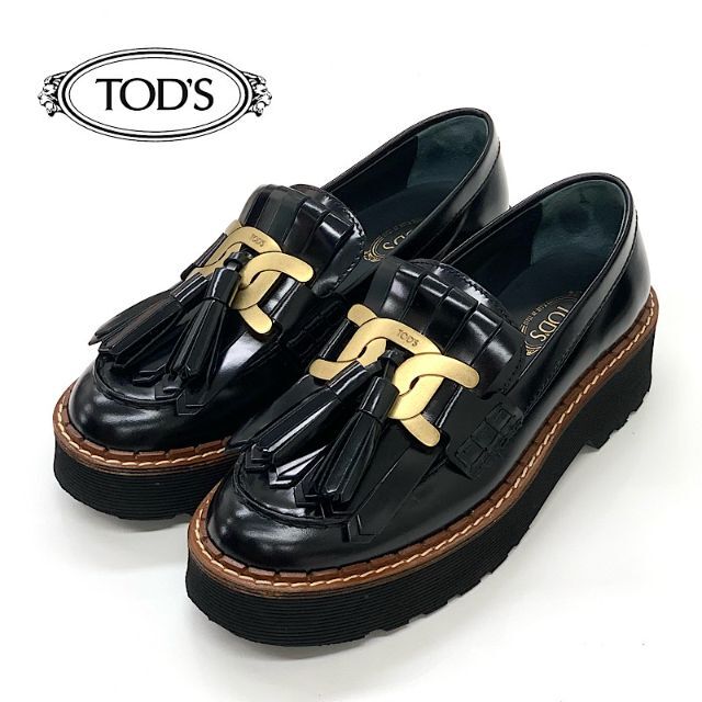 超美品の TOD'S ブラック ローファー タッセル フリンジ レザー ケイト