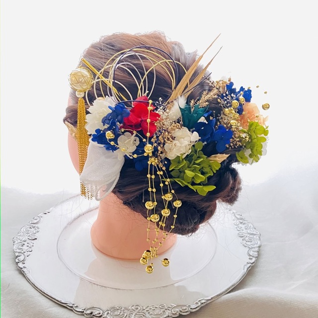 成人式髪飾り プリザーブドフラワーブルー 水引 金箔 結婚式 卒業式