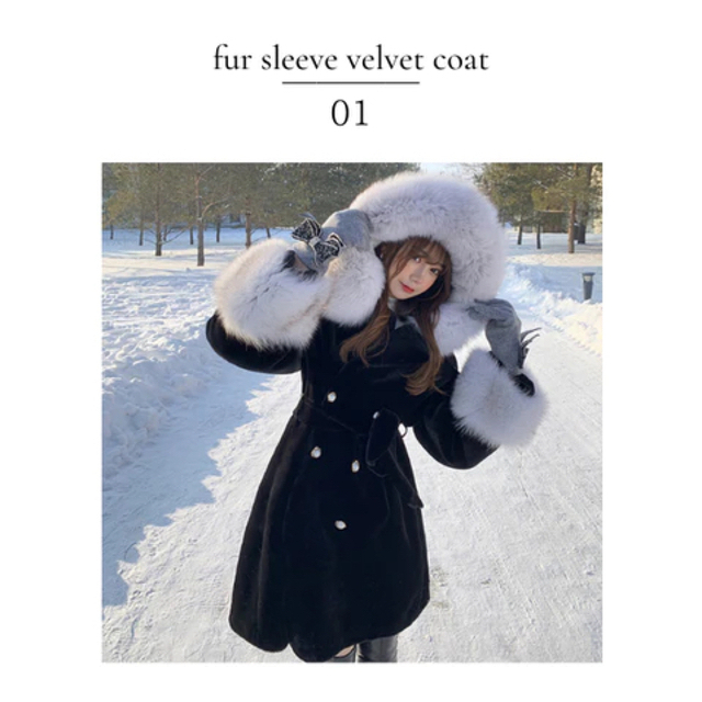 韓国　ファーコート　ファースリーブベルベットコート レディースのジャケット/アウター(毛皮/ファーコート)の商品写真